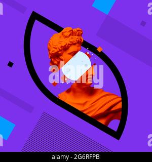 Contemporary art collage. Greek statue in black frame over vivid purple background. Imagination and creativity concept Stock Photo