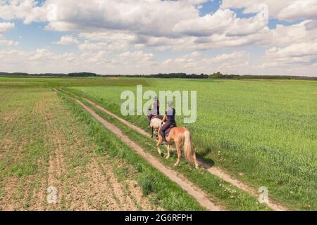 Two horse riders on a Palomino horse and a Dark Bay Horse moving across the beautiful farm field during the daytime. Aerial view of the beautiful meadows. Horse riders in the field. Cloudy sky. Stock Photo
