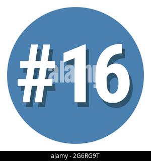 Number 16 sixteen symbol sign in circle, 16th sixteenth count hashtag icon. Simple flat design vector illustration. White with shadow on blue backgrou Stock Vector
