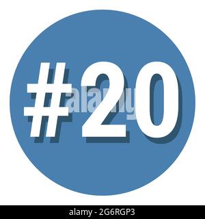 Number 20 twenty symbol sign in circle, 20th twentieth count hashtag icon. Simple flat design vector illustration. White with shadow on blue backgroun Stock Vector