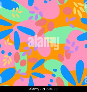 Abstract bright modern seamless pattern, vector illustration. Various chaotic shapes, colored background. Fashionable casual style. Stock Vector