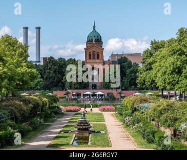 The Engelbecken (Angel’s Pool), landscaped rose garden,Indian Fountain & St. Michael’s church on the Mitte-Kreuzberg border in Berlin,Germany Stock Photo