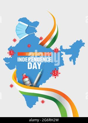 happy independence day. Coronavirus concept poster. India will fight against Covid-19 social media post. Vector Illustration Indian, flag and map Stock Vector