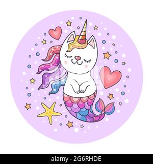 Cute cat unicorn mermaid. Children's magic illustration. Vector Stock Vector