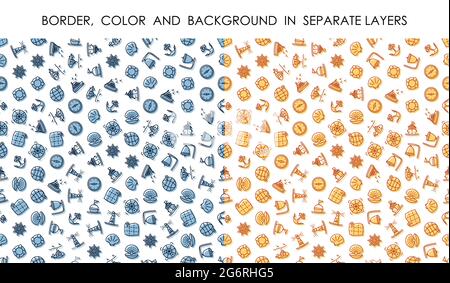 set of seamless patterns with linear icons of sea travel and adventure. Ornament for decoration and printing on fabric. Design element. Vector Stock Vector