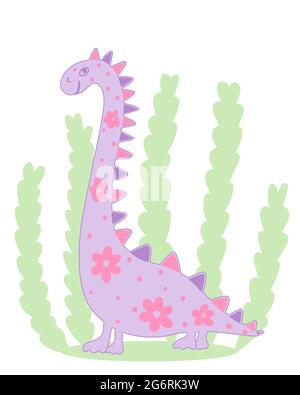 Cute dinosaur on foliage background, vector illustration. Childish character, funny animal. Image for the baby. Hand drawing. Stock Vector