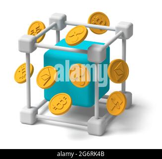 Bitcoin, Ethereum, Tether and Ripple crypto currency blockchain mining concept 3D, white background isolated, drop shadow Stock Photo