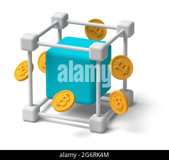 Bitcoin crypto currency blockchain concept 3D on white background, drop shadow Stock Photo