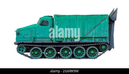 Old crawler truck isolated on white background. Green all-terrain vehicle. SUV car. BTR retro model Stock Photo