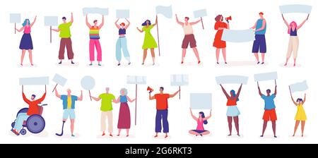 Protesters. People protesting, activists holding signs, banners, placards. Peaceful protest, manifestation, political demonstration vector set. Male and female characters with empty boards Stock Vector