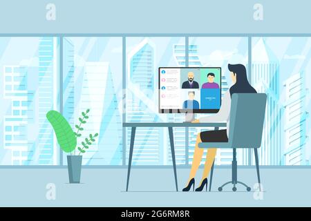 Woman in office and people group on PC monitor taking part online conference. Virtual work meeting and distance education webinar or videoconferencing. Company web video conferencing communication eps Stock Vector
