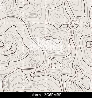Topographic map. Geographic terrain, vintage old geological contour lines with grid. Seamless pattern topography map vector background. Area with different routes and curves top view Stock Vector