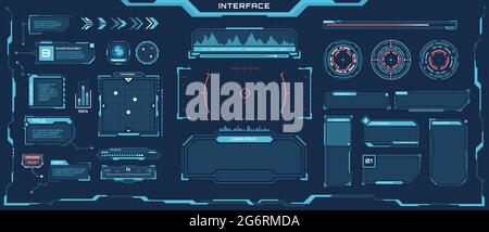 Futuristic hud elements. Cyberpunk space digital panels, frames, callout titles, progress bars. Sci-fi game interface element vector set. Virtual screen with digital panel for games Stock Vector