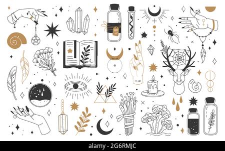 Mystic and esoteric elements. Moon, witch hands crystals, potions flowers. Mystical astrology, magic witchcraft occult symbols vector set. Bottles with poison, talisman and feathers Stock Vector