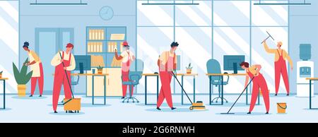 Cleaning service in office, janitors team in uniform housekeeping work ...