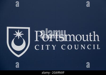 Portsmouth City Council logo and sign at the Civic offices in Guildhall ...