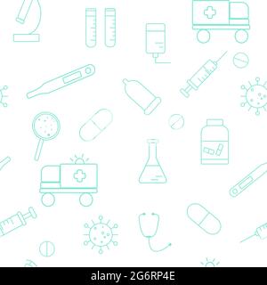 Medical sample with healthcare items, vector. Seamless background with attributes of a laboratory, hospital or pharmacy. Shining medicine pattern. Stock Vector