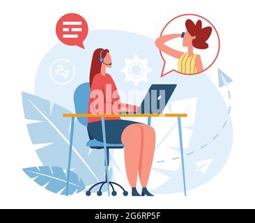 Hotline operator. Call center worker in headset talking to client. Customer service, online consultant, technical support vector concept. Company assistant at helpdesk consulting user Stock Vector
