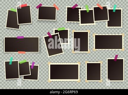 Vintage photo frames. Retro blank picture frame with figured edges. Old photographs with corners, scrapbook album empty photos vector set. Photo collage with adhesive tape and corners Stock Vector