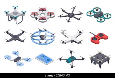 Isometric drone. Unmanned aircraft with propellers, aerial remote transporters. Flying delivery drones with camera, controllers vector set. Air transportation device for monitoring Stock Vector