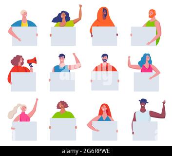 People with placards. Men and women holding empty banners in hands. Protesters or activists characters demonstrating blank signs vector set. Male and female supporters with posters Stock Vector