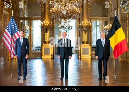 Washington, USA. 15th June, 2021. President Joe Biden poses for photos with King Phillipe of Belgium and the Prime Minister of Belgium Alexander De Croo on Tuesday, June 15, 2021 at the Royal Palace in Brussels. (Official White House Photo by Cameron Smith via Credit: Sipa USA/Alamy Live News Stock Photo