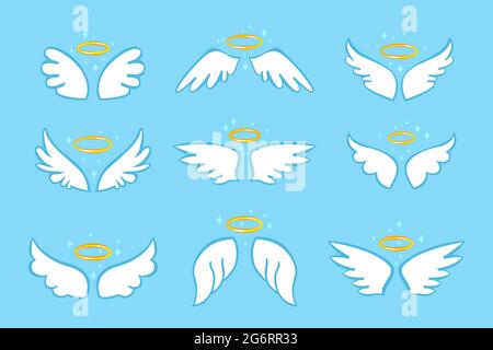 Cute angel wings. Holy angelic wing with gold nimbus. Flat cartoon magic bird or angels feathers with halo ring isolated logo vector set. Symbols of freedom and purity, flying animal Stock Vector