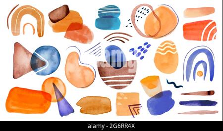 Abstract watercolor shapes. Colorful watercolor stains, blobs, brush strokes, patterns. Modern minimalist hand painted elements vector set. Geometric shapes, drawn curved line and spots Stock Vector
