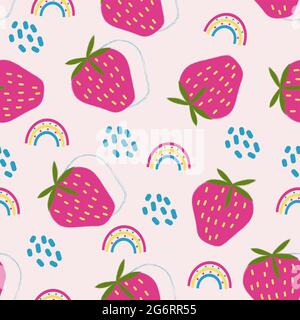 Seamless pattern with strawberries, rainbow, simple shapes on pink background. Vector illustration. Stock Vector