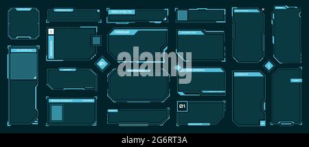 Hud frames. Futuristic text box, border, frame. Sci-fi digital screen, hologram panel. High tech hud interface elements vector set. Modern windows with buttons for computing innovative game Stock Vector