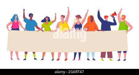 People holding banner. Protesters standing together with blank sign board. Group of men and women at protest or demonstration vector concept. Activists on manifestation with signpost for announcement Stock Vector