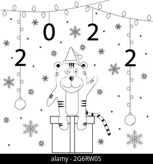 new years card black and white doodle with a tiger and garlands Stock Vector