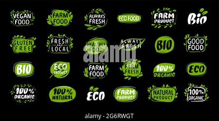 Set of labels and stickers for organic food and drink, natural products. Vector illustration concepts for packaging design Stock Vector