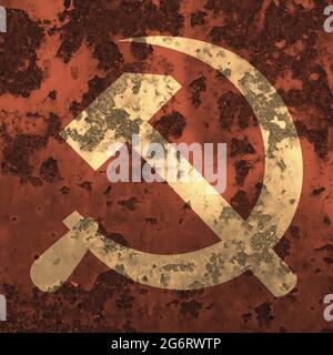 Hammer and sickle high quality illustration overlay with grunge texture - Communism yellow symbol isolated on red background Stock Photo