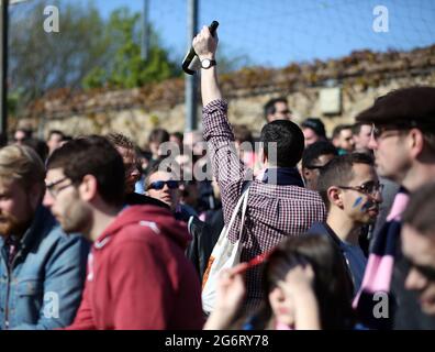 Dulwich Hamlet football supporters at Dulwich Hamlet's match against Maidstone FC , their final home game of the 2014/2015 season. Stock Photo