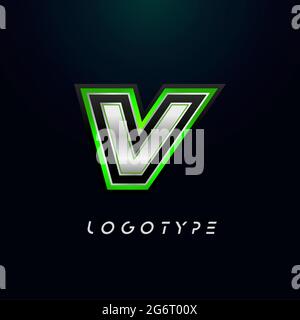 Letter V for video game logo and super hero monogram. Sport gaming emblem, bold futuristic letter with sharp angles and green outline. Tilted sharp Stock Vector