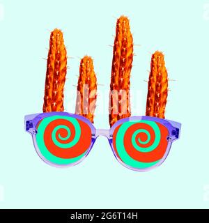 Modern art collage. Creative image of cactus with glasses. Floral and geometrical composition. Stock Photo