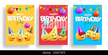 Set of birthday cards invitations or posters for children celebration with smiling faces in hats and balloons and flags and paper stickers as letters, Stock Vector