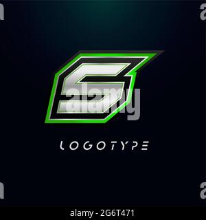 Letter S for video game logo and super hero monogram. Sport gaming emblem, bold futuristic letter with sharp angles and green outline. Tilted sharp Stock Vector