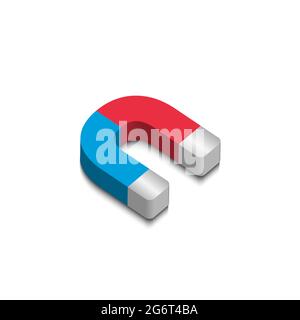 3D vector illustration of u shape magnet isolated on white background. Included Graphic Style. Design elements. Red color, blue and silver. Stock Vector