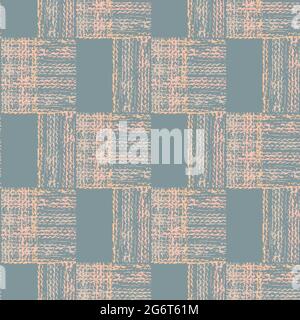 Abstract vector gauze brush effect rectangles seamless pattern background. Grid offset block backdrop of pink blue coarse painterly squares with Stock Vector