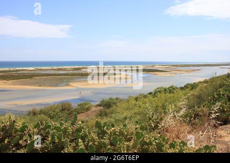 Barrier islands and tidal estuary at Ria Formosa Natural Park, Algarve, Portugal Stock Photo