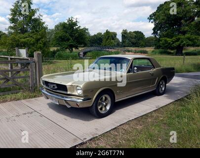 A  Gold, 1966, Ford Mustang Coupe, being demonstrated at the 2021 London Classic Car Show Stock Photo