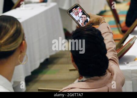 MEXICO CITY, MEXICO - JULY 5: Mariana Rodriguez Cantu, wife of the governor-elect of the state of Nuevo Leon and fashion influencer and businesswoman, takes a selfie during the XXI Session of the National Council on July 5, 2021 in Mexico City, Mexico. (Photo by Eyepix/Sipa USA) Stock Photo