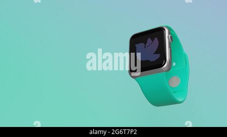 Smart watch 3d rendering with symbol of bird from profile on lcd display isolated on colored background. Side down view. Stock Photo