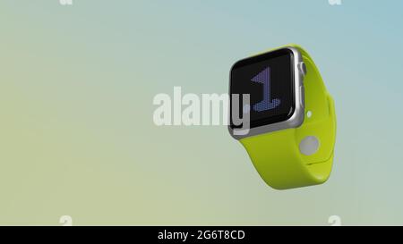 Smart watch 3d rendering with symbol of golf hole with flag and ball on lcd display isolated on colored background. Side down view. Stock Photo