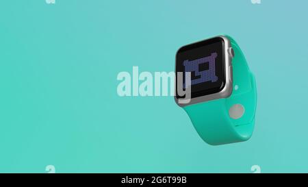 Smart watch 3d rendering with symbol of two joined images on lcd display isolated on colored background. Side down view. Stock Photo