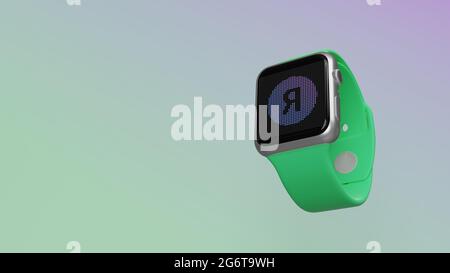 Smart watch 3d rendering with symbol of letter r in circle on lcd display isolated on colored background. Side down view. Stock Photo