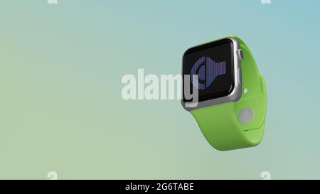 Smart watch 3d rendering with symbol of speaker loud on lcd display isolated on colored background. Side down view. Stock Photo