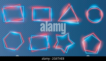 Shiny neon frames set in various geometric shapes on transparent background. Stock Vector